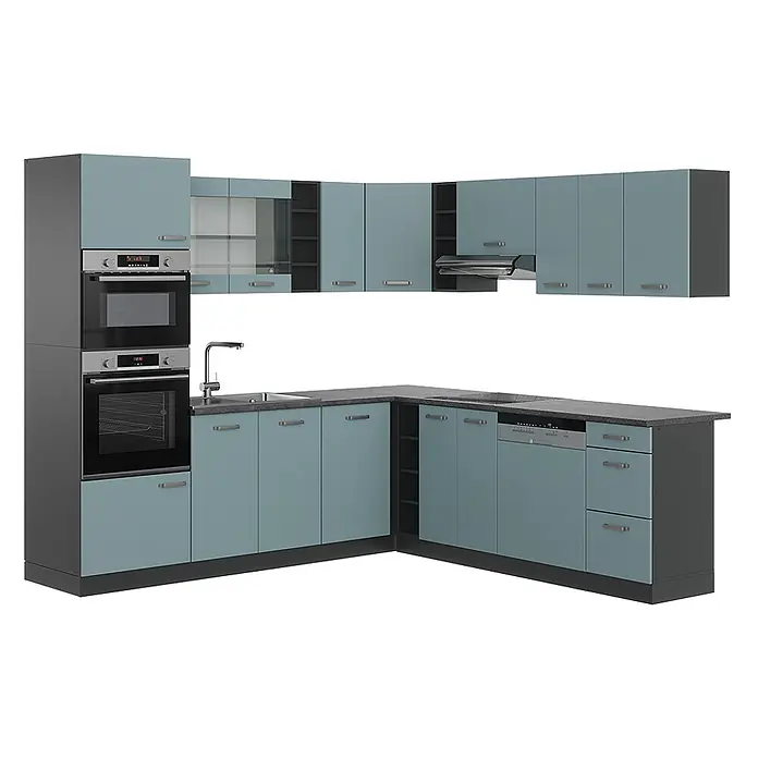 Vicco Eckküche R-Line Blau-Grau/Anthrazit, AP Anthrazit - B x T: 247 x 60 cm, Blau-Grau, Ohne Elektrogeräte - L-förmige Küche mit hellblauen/türkisen Schränken, dunkelgrauen Arbeitsplatten und integrierten zwei Öfen, Spüle, Kochfeld und Geschirrspüler.