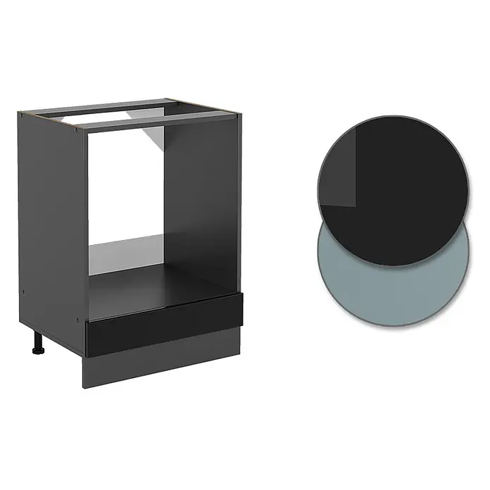 Vicco Schrankküche R-Line Schwarz Hochglanz ohne Arbeitsplatte - Schwarz Hochglanz, Herdumbauschrank 60 cm - Dunkelgrauer Unterschrank für die Küche mit offenem Fach für ein Gerät und einer unteren Schublade.