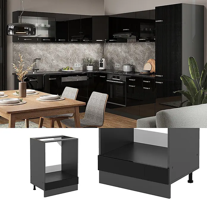 Vicco Schrankküche R-Line Schwarz Hochglanz ohne Arbeitsplatte - Schwarz Hochglanz, Herdumbauschrank 60 cm - Moderne schwarze Hochglanzküche mit integriertem Ofenschrank. Detailaufnahmen zeigen den schwarzen Ofenunterschrank mit verstellbaren Füßen.