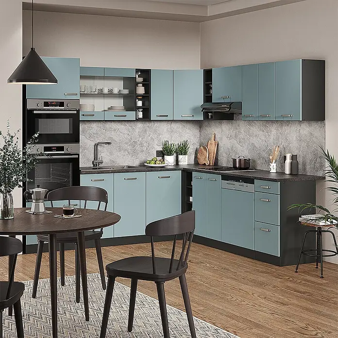 Vicco Eckküche R-Line Blau-Grau/Anthrazit, AP Anthrazit - B x T: 247 x 60 cm, Blau-Grau, Ohne Elektrogeräte - Moderne L-förmige Küche mit blau-grauen Schränken, dunklen Arbeitsplatten, integrierten Geräten und Essbereich.