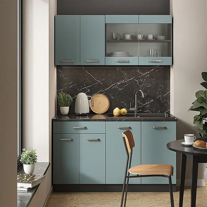 Vicco Singleküche R-Line Blau-Grau/Anthrazit, AP Marmor - Breite: 140 cm, Blau-Grau, Mit AP Marmor - Kompakte Küchenzeile mit blaugrünen Schränken, schwarzer Marmor-Arbeitsplatte und Rückwand sowie integrierter Spüle.