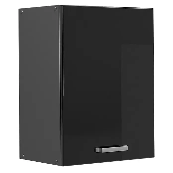 Vicco Schrankküche R-Line Schwarz Hochglanz - Schwarz Hochglanz, Hängeschrank 45 cm - Schwarzer Wandschrank mit glänzender Front und silbernem Griff.