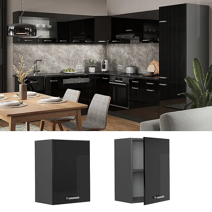 Vicco Schrankküche R-Line Schwarz Hochglanz - Schwarz Hochglanz, Hängeschrank 45 cm - Schwarzer Hochglanz-Wandschrank für eine moderne Küche.
