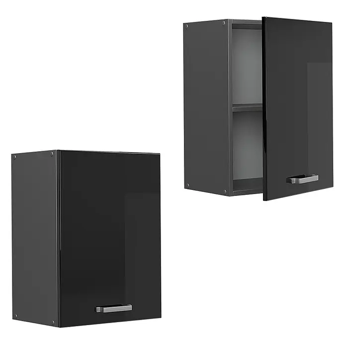 Vicco Schrankküche R-Line Schwarz Hochglanz - Schwarz Hochglanz, Hängeschrank 45 cm - Zwei glänzende schwarze Hängeschränke, einer geschlossen, einer offen mit Regalböden. Beide haben silberne Griffe.