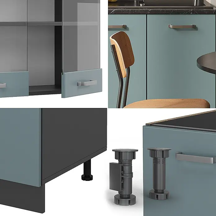 Vicco Singleküche R-Line Blau-Grau/Anthrazit ohne Arbeitsplatte - Blau-Grau, Ohne AP - Hellblaue und dunkelgraue modulare Küchenschränke mit Glastüren, silbernen Griffen und verstellbaren Füßen.