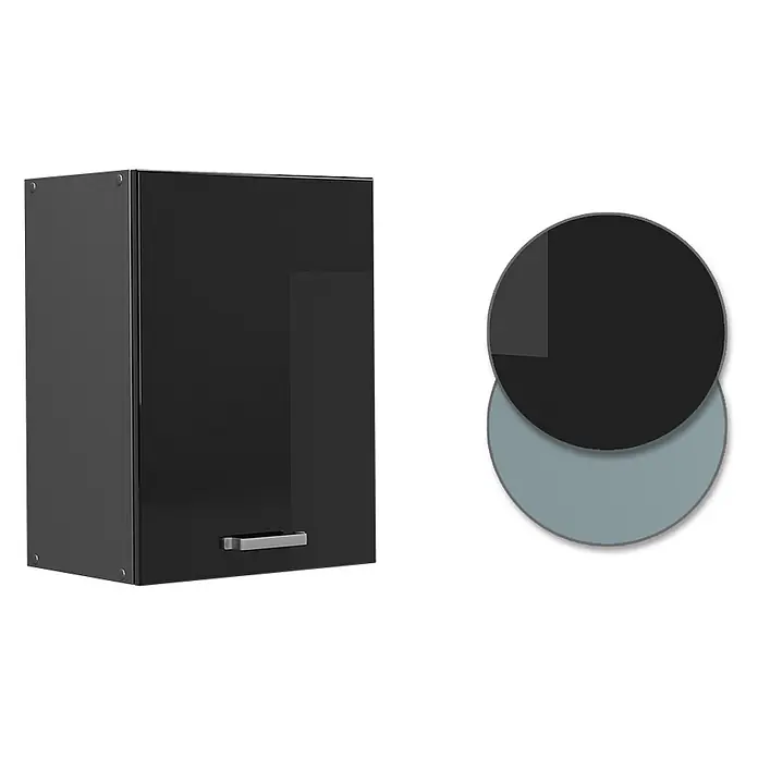 Vicco Schrankküche R-Line Schwarz Hochglanz - Schwarz Hochglanz, Hängeschrank 45 cm - Glänzender schwarzer Wandschrank mit silbernem Griff.