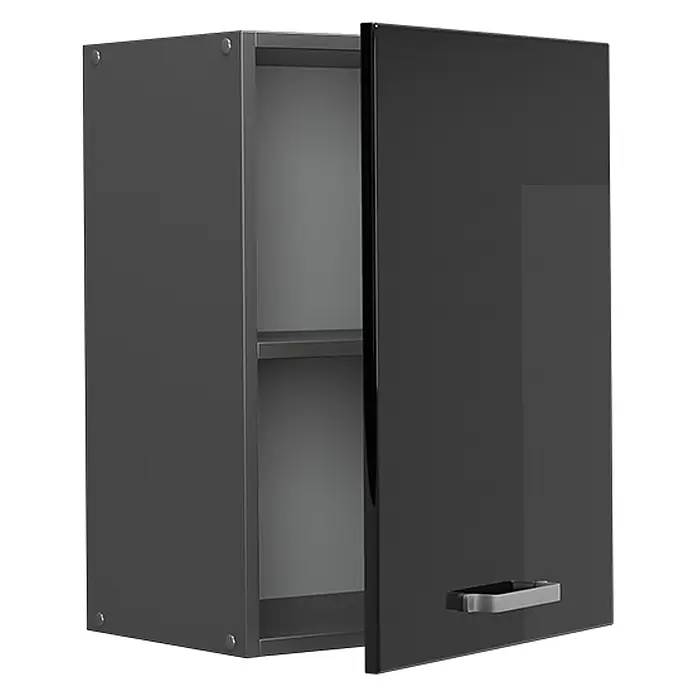 Vicco Schrankküche R-Line Schwarz Hochglanz - Schwarz Hochglanz, Hängeschrank 45 cm - Dunkelgrauer Wandschrank mit glänzender Tür, teilweise geöffnet, zeigt ein Innenregal und einen silbernen Griff.