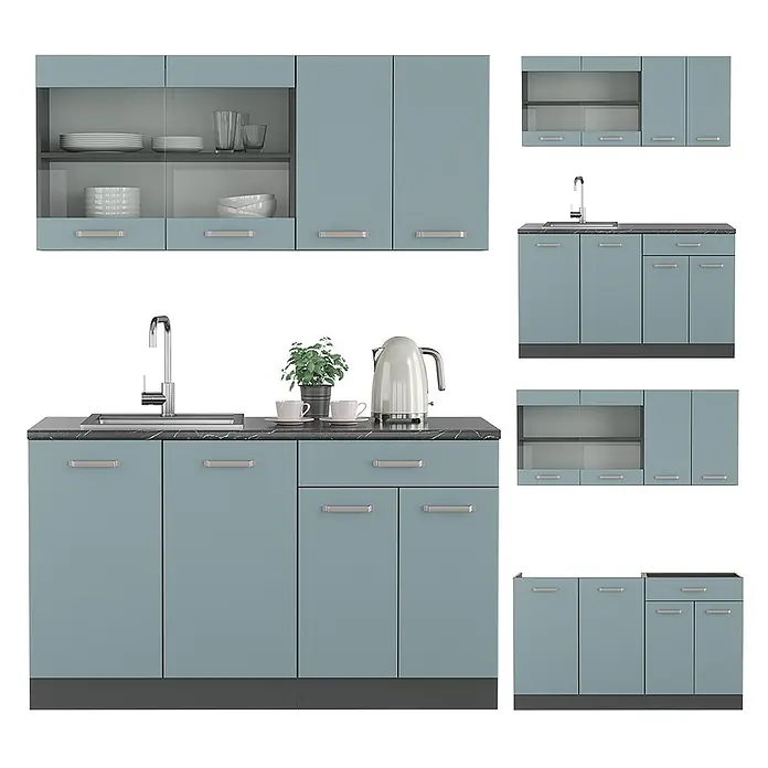Vicco Singleküche R-Line Blau-Grau/Anthrazit ohne Arbeitsplatte - Blau-Grau, Ohne AP - Türkisfarbenes Küchenschrank-Set mit schwarzer Marmor-Arbeitsplatte, Spüle und oberen Glasvitrinen.