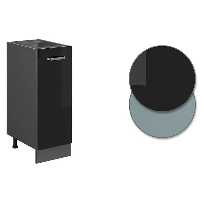 Vicco Schrankküche R-Line Schwarz Hochglanz ohne Arbeitsplatte - Schwarz Hochglanz, Apothekerunterschrank 30 cm - Schwarzer Hochglanz-Küchenunterschrank mit silbernem Griff, grauer Sockelleiste, verstellbaren Füßen und Farbmustern in Schwarz und Grau.