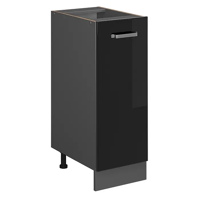 Vicco Schrankküche R-Line Schwarz Hochglanz ohne Arbeitsplatte - Schwarz Hochglanz, Apothekerunterschrank 30 cm - Schwarzer Hochglanz-Küchenunterschrank mit silbernem Griff, grauer Sockelleiste und verstellbaren Füßen.