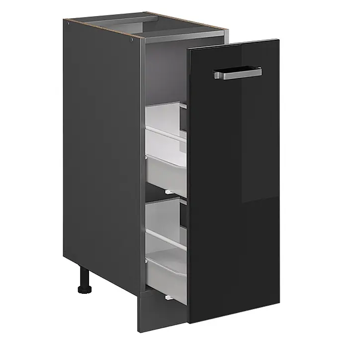 Vicco Schrankküche R-Line Schwarz Hochglanz ohne Arbeitsplatte - Schwarz Hochglanz, Apothekerunterschrank 30 cm - Dunkelgrauer Küchenunterschrank mit offener schwarzer Hochglanztür, innen zwei graue Auszugschubladen, verstellbare Füße.