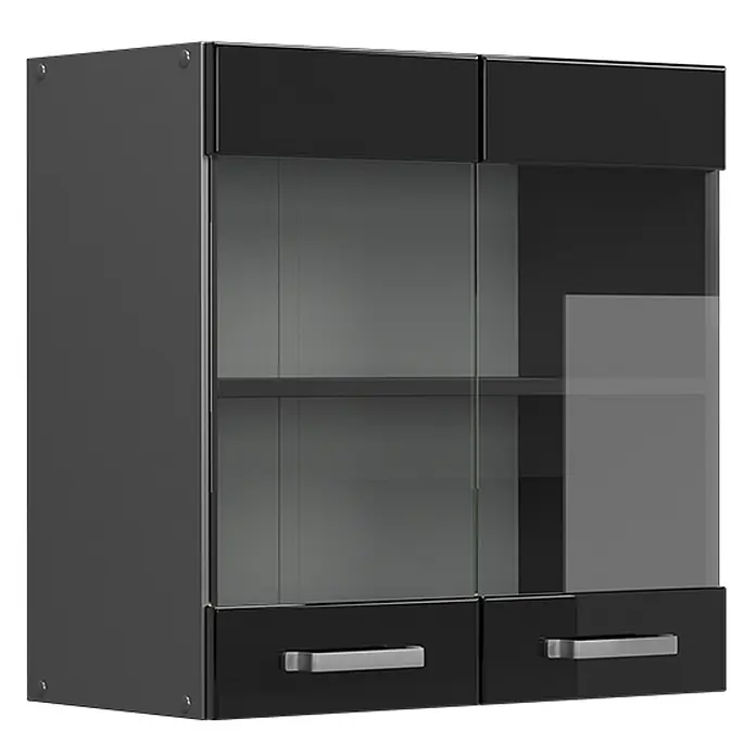 Vicco Schrankküche R-Line Schwarz Hochglanz - Schwarz Hochglanz, Hängeglasschrank 60 cm - Moderner schwarzer Hängeschrank mit zwei Glastüren und zwei Schubladen.