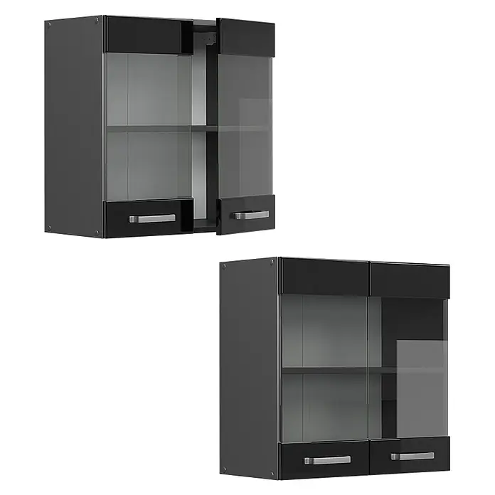 Vicco Schrankküche R-Line Schwarz Hochglanz - Schwarz Hochglanz, Hängeglasschrank 60 cm - Schwarzer Hängeschrank mit Glastüren und silbernen Griffen, offen und geschlossen gezeigt zur Aufbewahrung.
