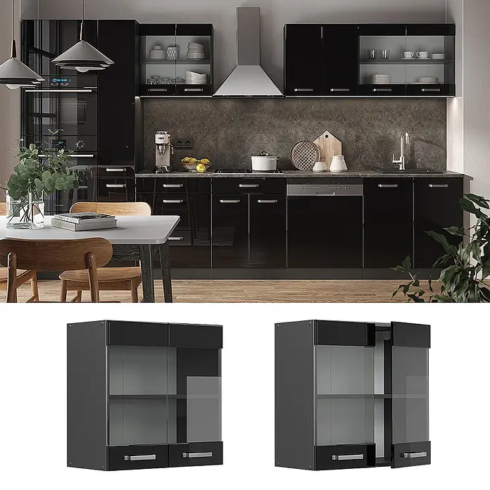 Vicco Schrankküche R-Line Schwarz Hochglanz - Schwarz Hochglanz, Hängeglasschrank 60 cm - Moderner, hochglänzender schwarzer Küchenoberschrank mit Glastüren und zwei Schubladen.