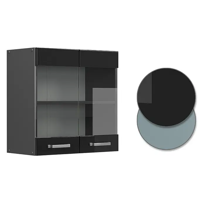 Vicco Schrankküche R-Line Schwarz Hochglanz - Schwarz Hochglanz, Hängeglasschrank 60 cm - Schwarzer Hängeschrank mit zwei Glastüren, Einlegeböden und zwei Schubladen mit Chromgriffen.