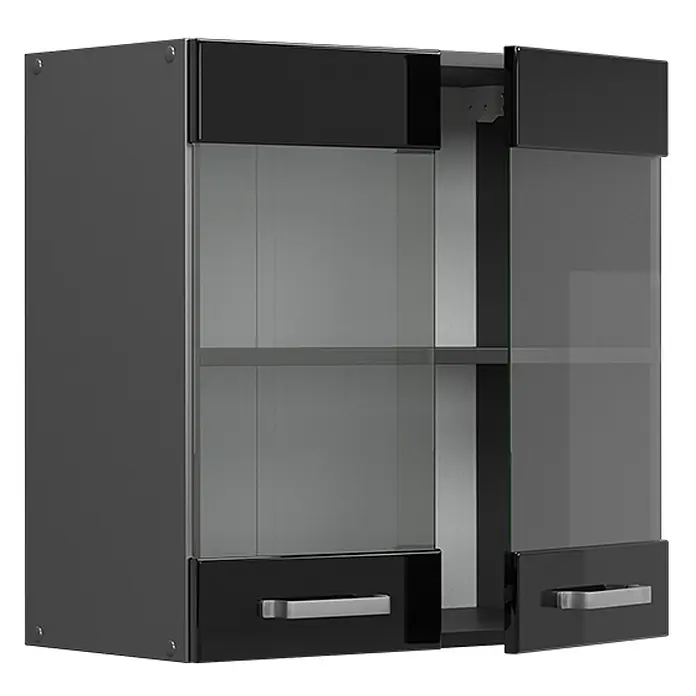 Vicco Schrankküche R-Line Schwarz Hochglanz - Schwarz Hochglanz, Hängeglasschrank 60 cm - Schwarzer Hängeschrank mit Glastüren und Einlegeböden. Eine Tür ist leicht geöffnet und zeigt einen silbernen Griff.
