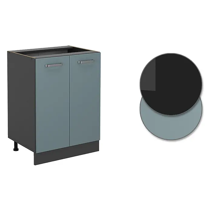 Vicco Schrankküche R-Line Blau-Grau, AP Anthrazit - Blau-Grau, Unterschrank 60 cm, AP Anthrazit - Dunkelgrauer Küchenunterschrank mit zwei blaugrauen Türen und silbernen Griffen, Farbmuster sichtbar.