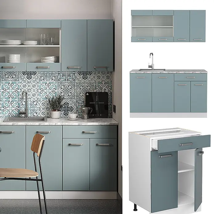 Vicco Singleküche R-Line Blau-Grau/Weiß, AP Anthrazit - Breite: 140 cm, Blau-Grau, Mit AP Anthrazit - Türkisfarbenes Küchenschrank-Set mit Hänge- und Unterschränken, teils mit Glastüren, und silbernen Griffen.
