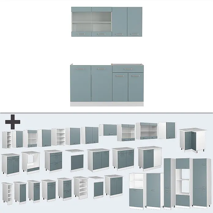 Vicco Singleküche R-Line Blau-Grau/Weiß, AP Anthrazit - Breite: 140 cm, Blau-Grau, Mit AP Anthrazit - Modulare Küchenschränke in Hellblau und Weiß, bestehend aus Unter-, Ober- und Hochschränken für flexible Küchengestaltung.