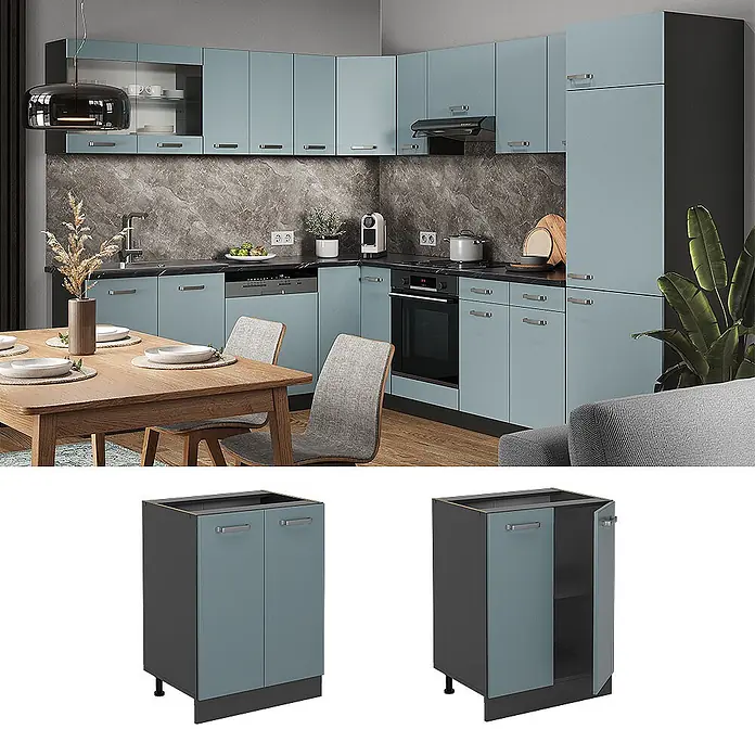 Vicco Schrankküche R-Line Blau-Grau, AP Anthrazit - Blau-Grau, Unterschrank 60 cm, AP Anthrazit - Hellblaue Küchenschränke in L-Form mit dunklen Arbeitsplatten und integrierten Geräten, in einer modernen Küche dargestellt.