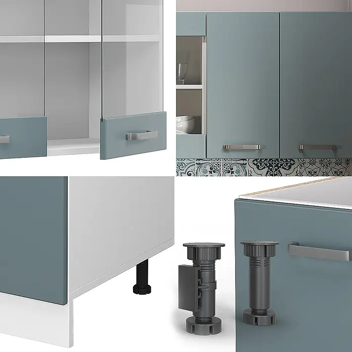 Vicco Singleküche R-Line Blau-Grau/Weiß, AP Anthrazit - Breite: 140 cm, Blau-Grau, Mit AP Anthrazit - Modulare Küchenschränke in Türkis und Weiß, mit Glastüren, Schubladen und verstellbaren grauen Kunststofffüßen. Für modernes Küchendesign.