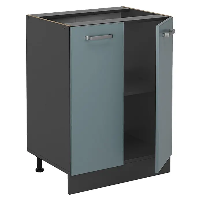 Vicco Schrankküche R-Line Blau-Grau, AP Anthrazit - Blau-Grau, Unterschrank 60 cm, AP Anthrazit - Dunkelgrauer Küchenunterschrank mit zwei hellblaugrauen Türen und silbernen Griffen. Eine Tür steht offen und zeigt ein Innenregal.
