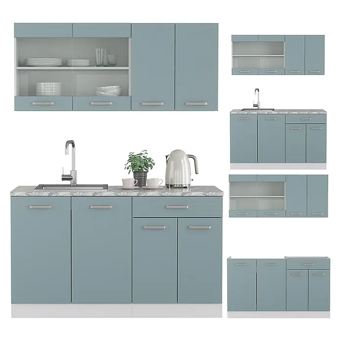 Vicco Singleküche R-Line Blau-Grau/Weiß, AP Anthrazit - Breite: 140 cm, Blau-Grau, Mit AP Anthrazit - Hellblaue Küchenmöbel mit Spüle, Marmorplatte und Glastüren.