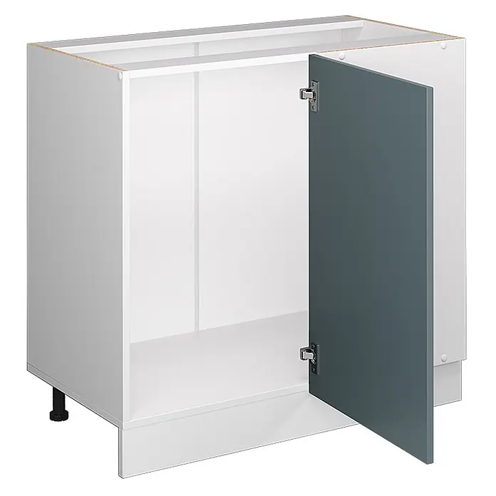 Vicco Schrankküche R-Line Blau-Grau, AP Anthrazit - Blau-Grau, Eckunterschrank 86 cm, AP Anthrazit - Weißer Unterschrank mit offener dunkelgrauer Tür, verstellbares Bein.