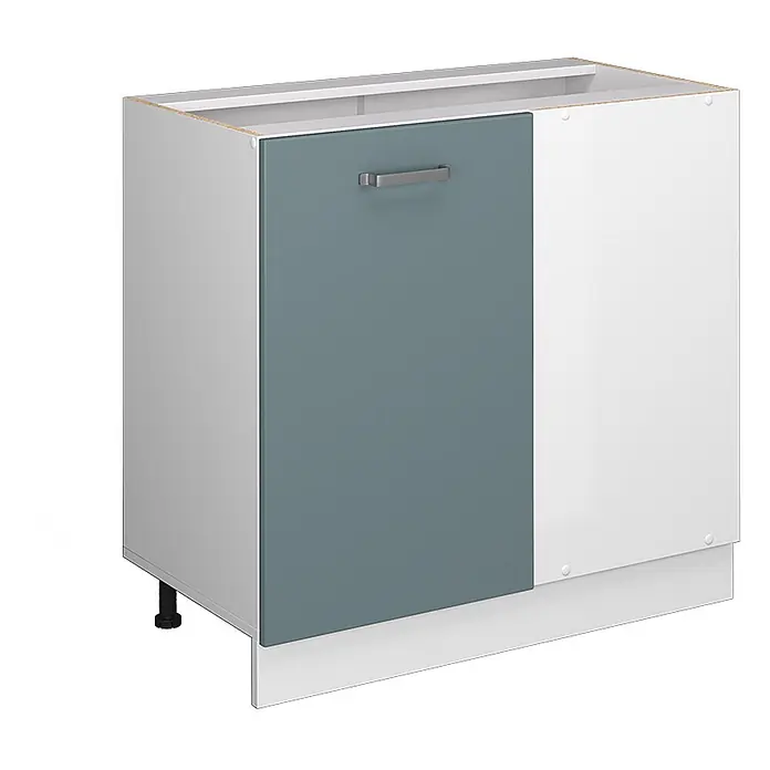 Vicco Schrankküche R-Line Blau-Grau ohne Arbeitsplatte - Blau-Grau, Eckunterschrank 86 cm - Weißer Küchenunterschrank mit graugrüner Tür, silbernem Griff und Sockelblende, auf verstellbaren Füßen.