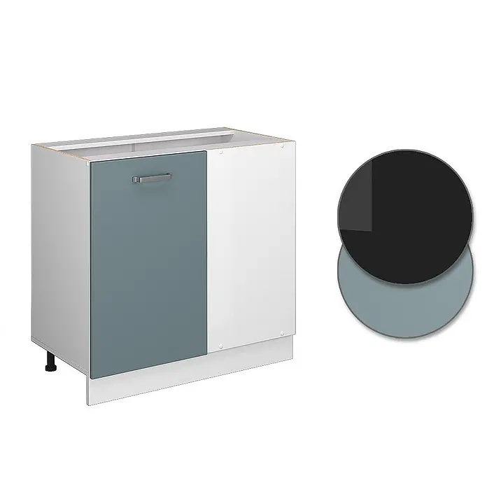 Vicco Schrankküche R-Line Blau-Grau, AP Anthrazit - Blau-Grau, Eckunterschrank 86 cm, AP Anthrazit - Zweifarbiger Küchenunterschrank mit einer graugrünen Tür links und einer weißen Tür rechts, mit Metallgriff.