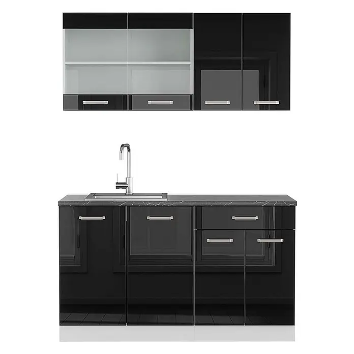 Vicco Singleküche R-Line Schwarz Hochglanz/Weiß, AP Anthrazit - Breite: 140 cm, Schwarz Hochglanz, Mit AP Anthrazit - Glänzende schwarze Küchenschrank-Garnitur mit silbernen Griffen, Spüle und Marmor-Arbeitsplatte. Oberschränke haben Milchglastüren.