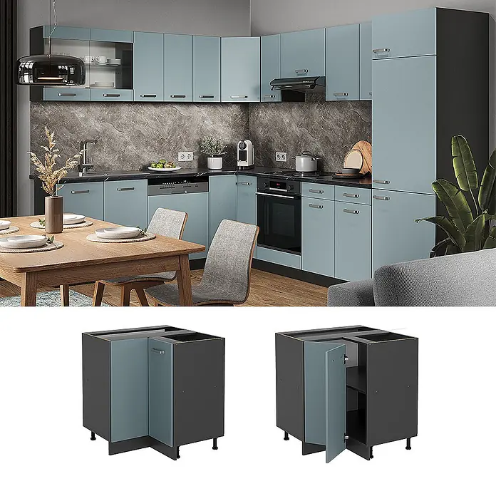 Vicco Schrankküche R-Line Blau-Grau, AP Eiche - Blau-Grau, Eckunterschrank, AP Eiche - Hellblauer und dunkelgrauer Eckunterschrank für die Küche in moderner Küchenumgebung.