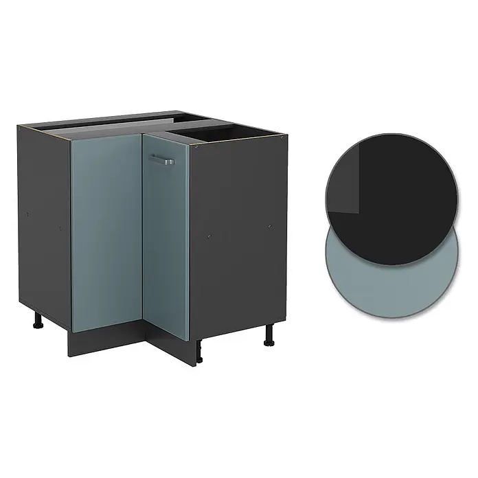 Vicco Schrankküche R-Line Blau-Grau, AP Eiche - Blau-Grau, Eckunterschrank, AP Eiche - Eckunterschrank für die Küche mit dunkelgrauem Korpus und blaugrauen Türen.