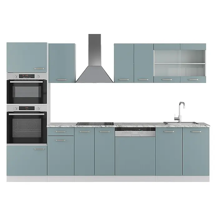 Vicco Küchenzeile R-Line Blau-Grau mit Hochschrank, AP Marmor - Breite: 300 cm, Blau-Grau, Ohne Elektrogeräte - Hellblaue modulare Küche mit weißer Marmorplatte, Einbaugeräten (Öfen, Kochfeld, Geschirrspüler, Spüle, Dunstabzugshaube).