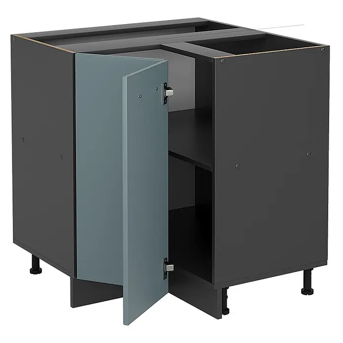 Vicco Schrankküche R-Line Blau-Grau, AP Eiche - Blau-Grau, Eckunterschrank, AP Eiche - Dunkelgrauer Küchen-Eckunterschrank mit offener blauer Tür, verstellbaren Füßen und Einlegeböden.