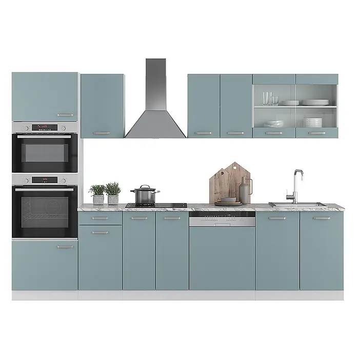 Vicco Küchenzeile R-Line Blau-Grau mit Hochschrank, AP Marmor - Breite: 300 cm, Blau-Grau, Ohne Elektrogeräte - Staubblaues Küchenset mit integrierten Öfen, Kochfeld, Spüle und Geschirrspüler, mit Marmoroptik-Arbeitsplatte.