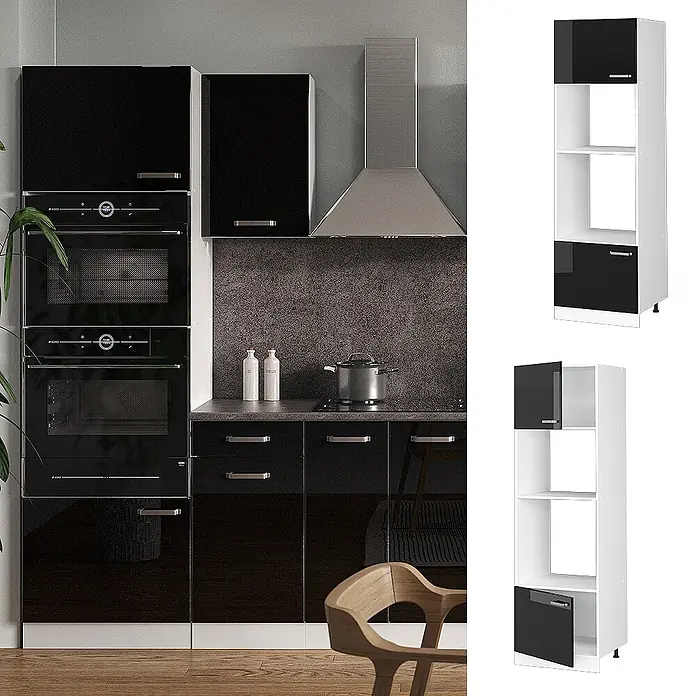 Vicco Mikrowellenschrank R-Line, Schwarz Hochglanz, 60 cm -  - Elegante schwarze Hochglanz-Küchenschränke mit integrierten Öfen und hohem weißen Aufbewahrungsschrank mit schwarzen Hochglanztüren.
