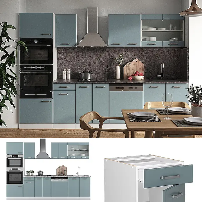 Vicco Küchenzeile R-Line Blau-Grau mit Hochschrank, AP Marmor - Breite: 300 cm, Blau-Grau, Ohne Elektrogeräte - Moderne staubblaue Küche mit dunklen Arbeitsplatten, silbernen Griffen, Einbaugeräten und Glasvitrinen.