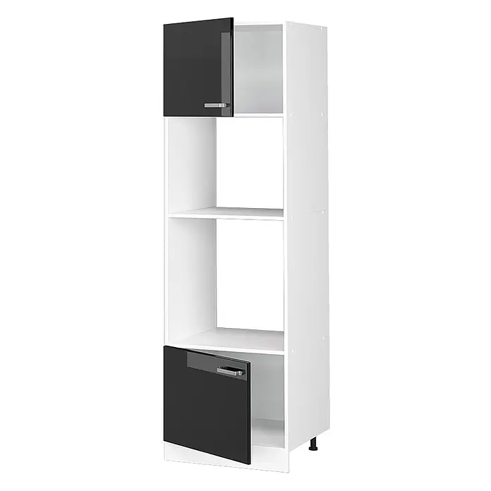 Vicco Mikrowellenschrank R-Line, Schwarz Hochglanz, 60 cm -  - Hoher weißer Hochschrank mit zwei glänzend schwarzen Türen (oben und unten) und offenen Fächern dazwischen.