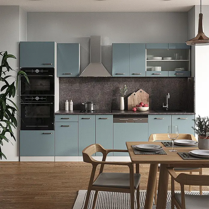 Vicco Küchenzeile R-Line Blau-Grau mit Hochschrank, AP Marmor - Breite: 300 cm, Blau-Grau, Ohne Elektrogeräte - Moderne hellblaue Küche mit integrierten Öfen, Kochfeld, Spüle, Geschirrspüler und dunkelgrauer Arbeitsplatte/Rückwand.