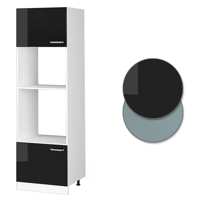 Vicco Mikrowellenschrank R-Line, Schwarz Hochglanz, 60 cm -  - Hoher weißer Küchenschrank mit zwei schwarzen Hochglanztüren und offenen Fächern, dazu Farbproben in Schwarz und Grau.