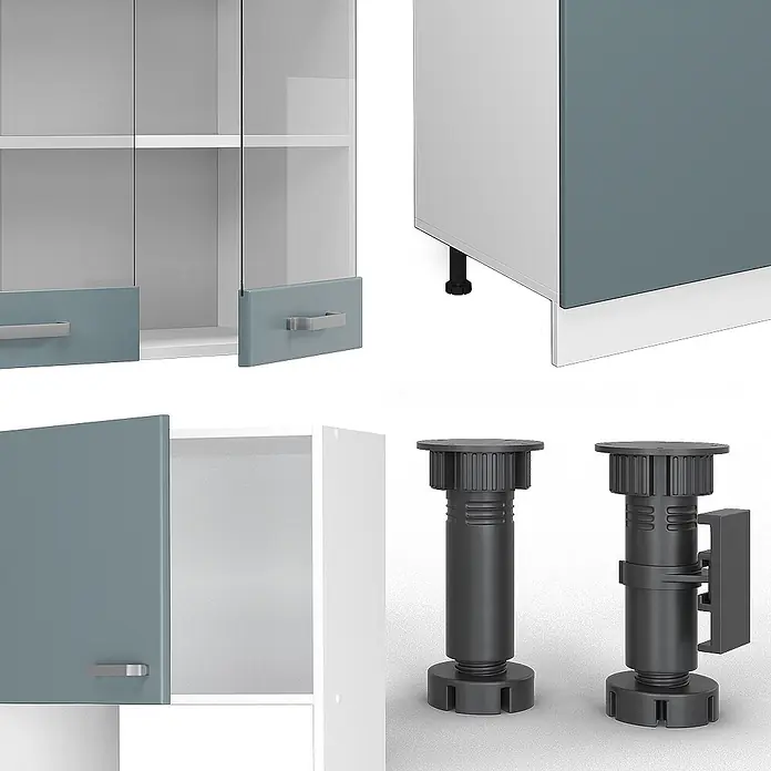 Vicco Küchenzeile R-Line Blau-Grau mit Hochschrank, AP Marmor - Breite: 300 cm, Blau-Grau, Ohne Elektrogeräte - Modulare Küchenschränke mit tealfarbenen Türen und verstellbaren dunkelgrauen Kunststofffüßen.
