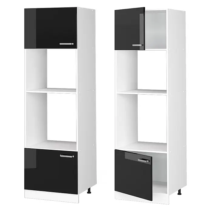 Vicco Mikrowellenschrank R-Line, Schwarz Hochglanz, 60 cm -  - Hoher weißer Schrank mit schwarzen Hochglanztüren und offenen Fächern, teils offen, teils geschlossen dargestellt.