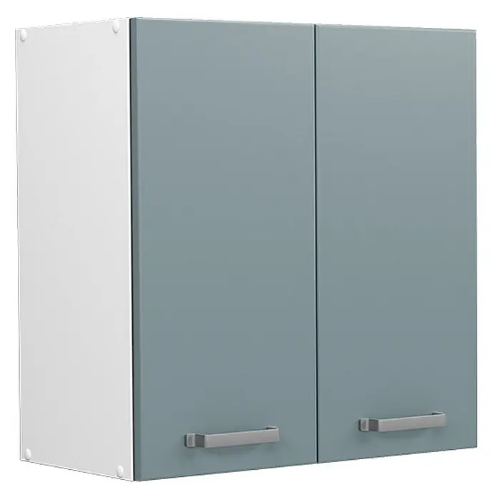 Vicco Schrankküche R-Line Blau-Grau - Blau-Grau, Hängeschrank 60 cm - Graublauer zweitüriger Hängeschrank mit weißer Seitenwand und silbernen Griffen.