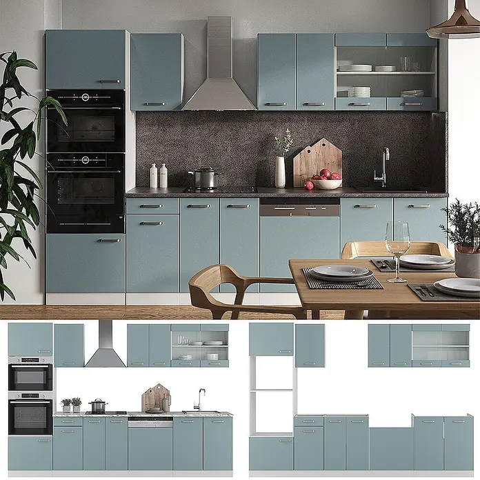 Vicco Küchenzeile R-Line Blau-Grau mit Hochschrank, AP Marmor - Breite: 300 cm, Blau-Grau, Ohne Elektrogeräte - Moderne Küche mit staubblauen Schränken, dunkler Arbeitsplatte und integrierten Geräten.
