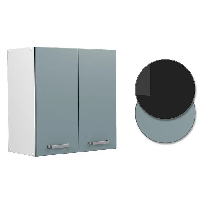 Vicco Schrankküche R-Line Blau-Grau - Blau-Grau, Hängeschrank 60 cm - Zweitüriger Hängeschrank mit blaugrauen Türen und weißen Seiten, mit silberfarbenen Griffen.