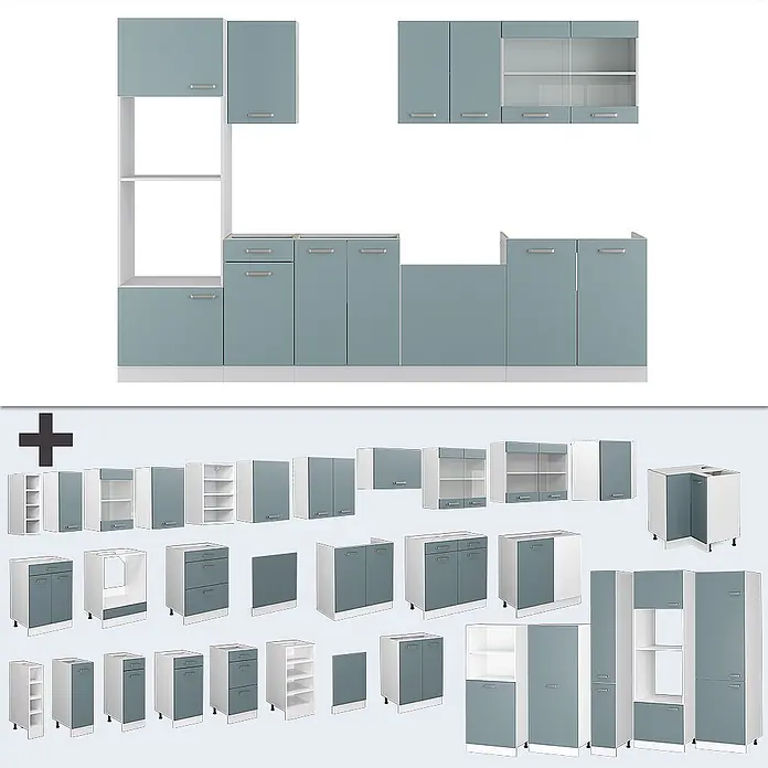 Vicco Küchenzeile R-Line Blau-Grau mit Hochschrank, ohne Arbeitsplatte - Breite: 300 cm, Blau-Grau, Ohne Elektrogeräte - Modulares Küchenschrank-Set in Hellblau-Grün und Weiß, mit verschiedenen Ober- und Unterschränken.