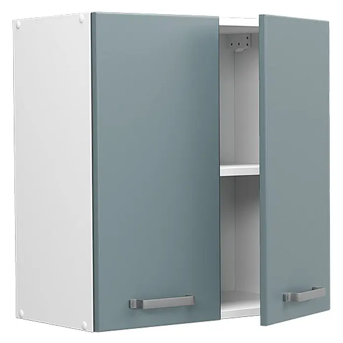 Vicco Schrankküche R-Line Blau-Grau - Blau-Grau, Hängeschrank 60 cm - Zweitüriger Hängeschrank mit weißem Korpus und blaugrauen Türen, silbernen Griffen und einem Einlegeboden.