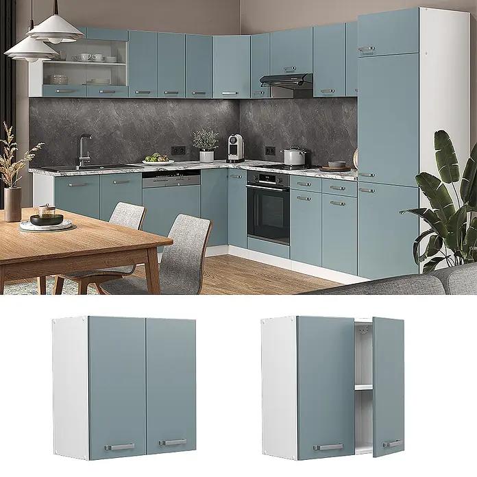 Vicco Schrankküche R-Line Blau-Grau - Blau-Grau, Hängeschrank 60 cm - Moderne Küche mit petrolblau-grünen Schränken und weißen Seitenwänden. Ein offener Doppelschrank zeigt ein Innenregal.