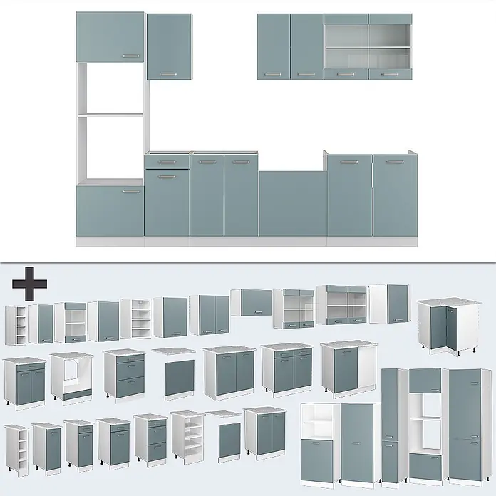 Vicco Küchenzeile R-Line Blau-Grau mit Hochschrank, AP Marmor - Breite: 300 cm, Blau-Grau, Ohne Elektrogeräte - Modulare Küchenschränke in hellblau-grau und weiß, zeigen verschiedene Konfigurationen und Einzelmodule.